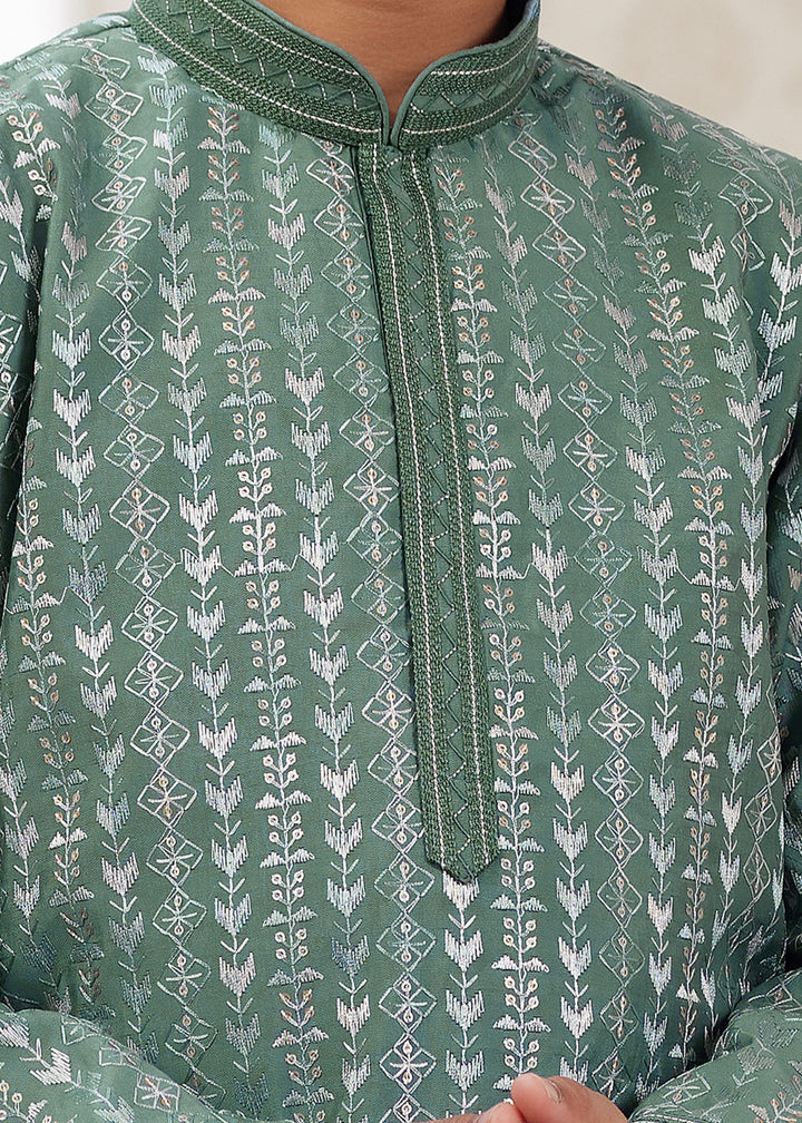 Ocean Green Silk Mens Kurta Set With Thread Embroidery Work