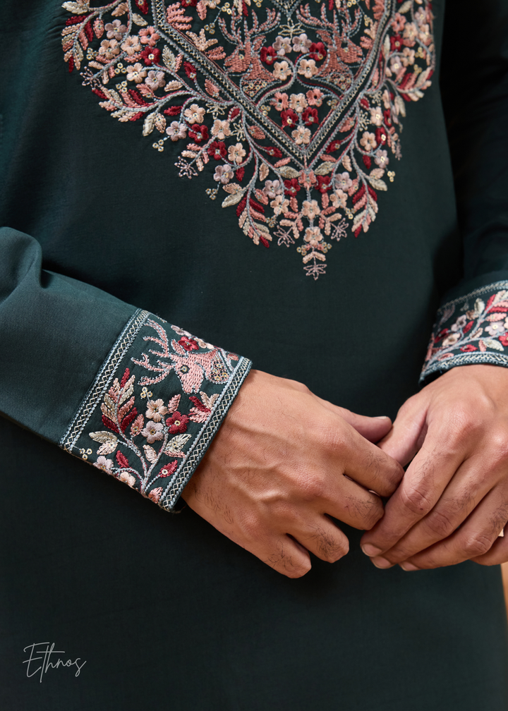 Green Mens Wear Silk Kurta With Pant And Dupatta