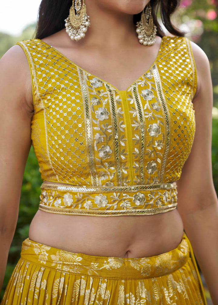 Yellow Sequins and Zari Embroidery Work Silk Lehenga