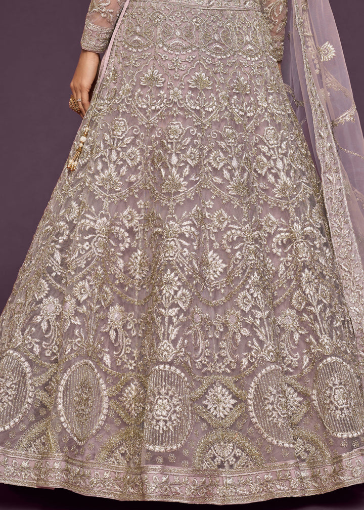 Orchid Soft Net Lehenga with Thread, Zari, Badla and Glitter Dori Embroidery Work