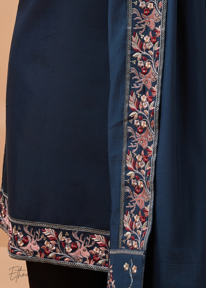 Teal Blue Mens Wear Silk Kurta With Pant And Dupatta