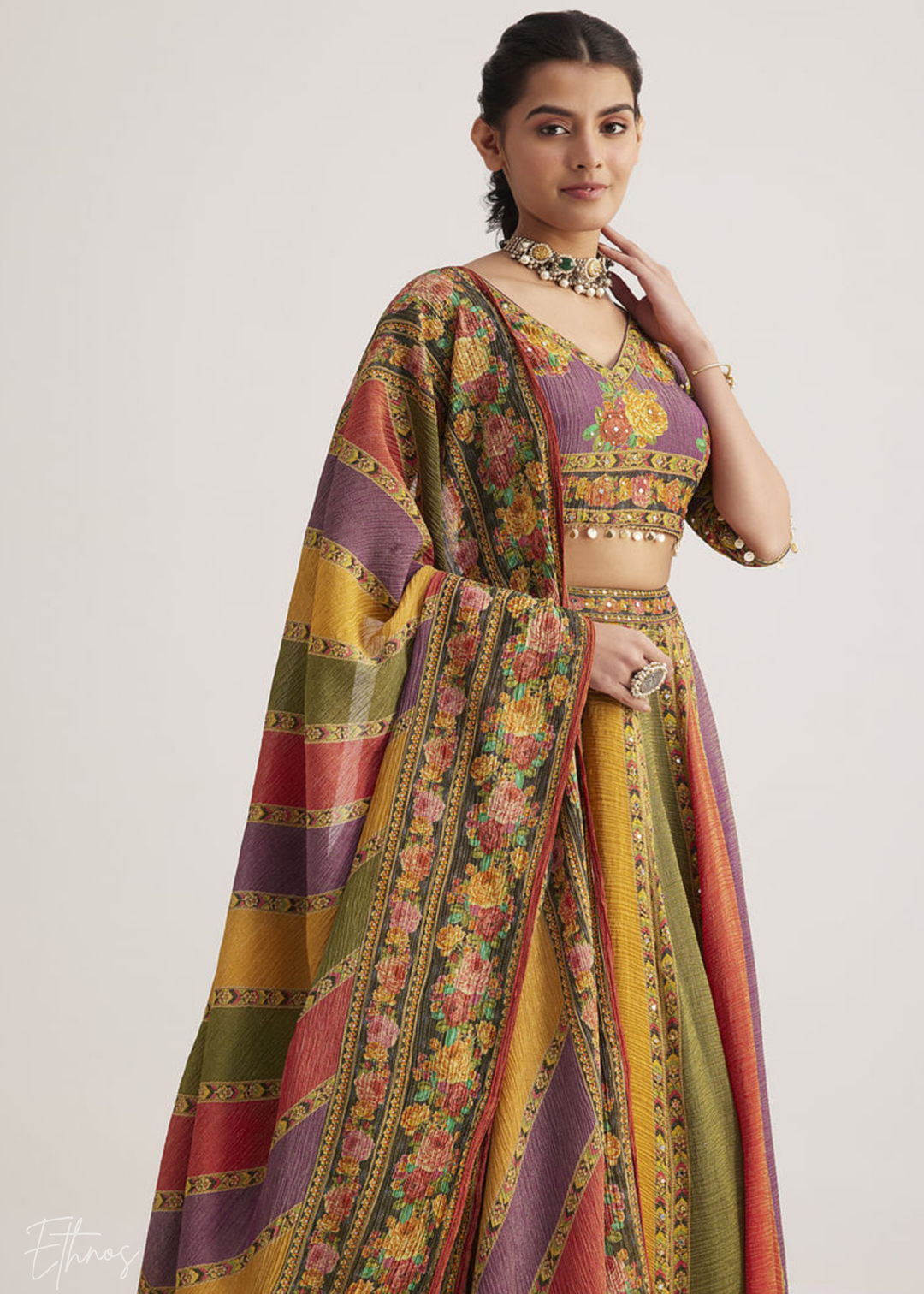 Multi-Color Panel-Printed Organza Silk Lehenga Set