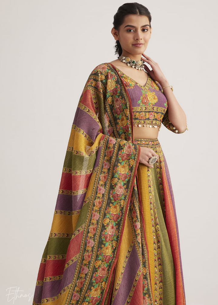 Multi-Color Panel-Printed Organza Silk Lehenga Set
