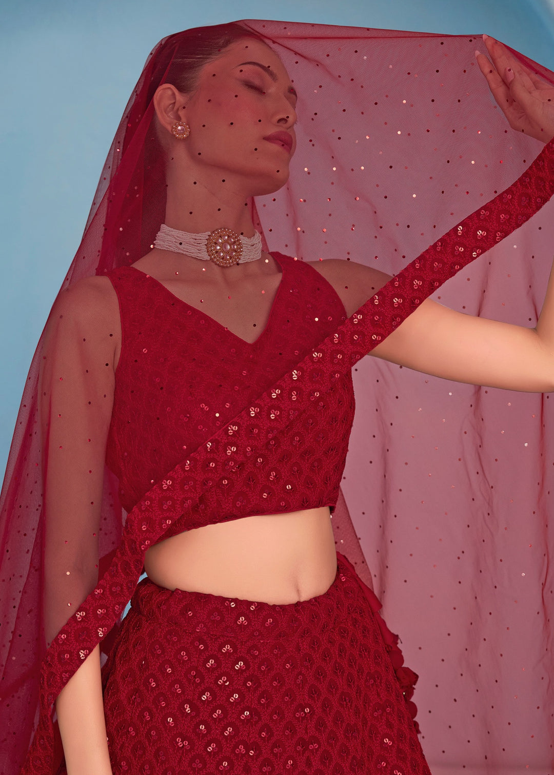 Red Georgette Lehenga With Sequins and Thread Embroidered Work