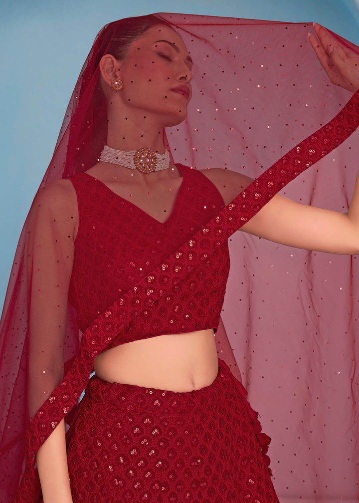 Red Georgette Lehenga With Sequins and Thread Embroidered Work