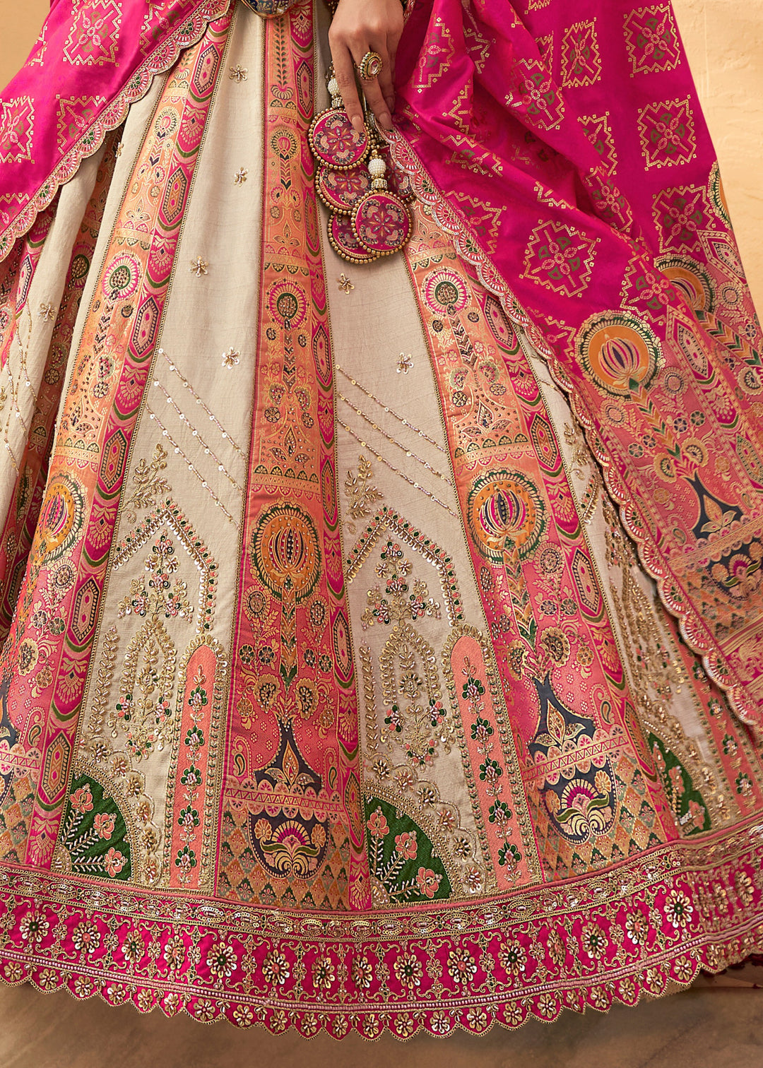 Off White & Pink Banarasi Silk Lehenga Choli With Zarkan And Cut Work