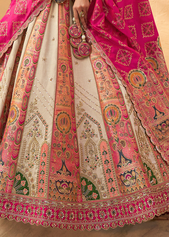 Off White & Pink Banarasi Silk Lehenga Choli With Zarkan And Cut Work