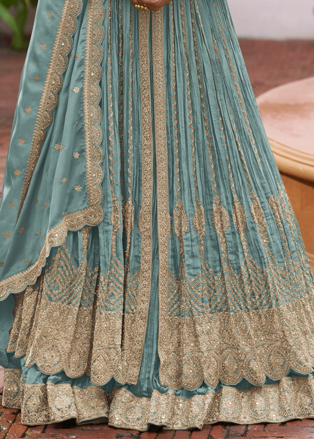 Turquoise Teal Chinon Salwar Suit