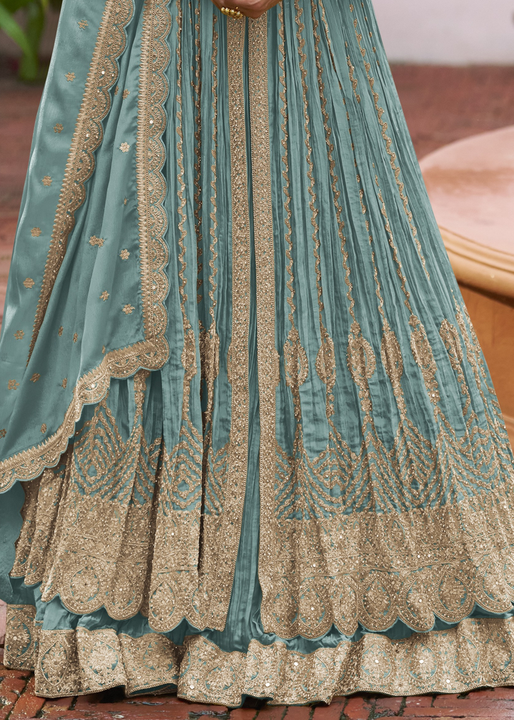 Turquoise Teal Chinon Salwar Suit