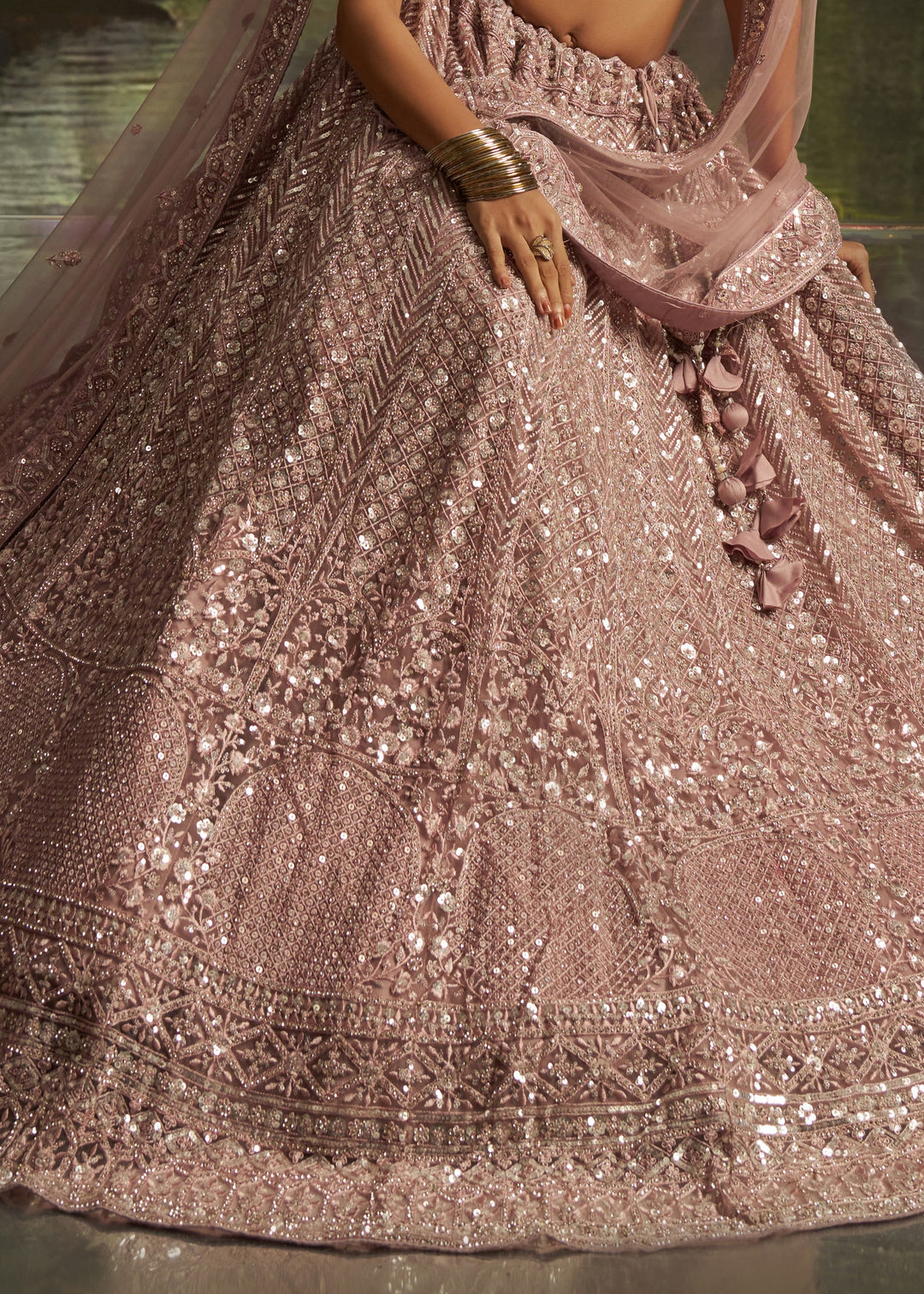 Mauve-pink Soft Net Lehenga with embroidery