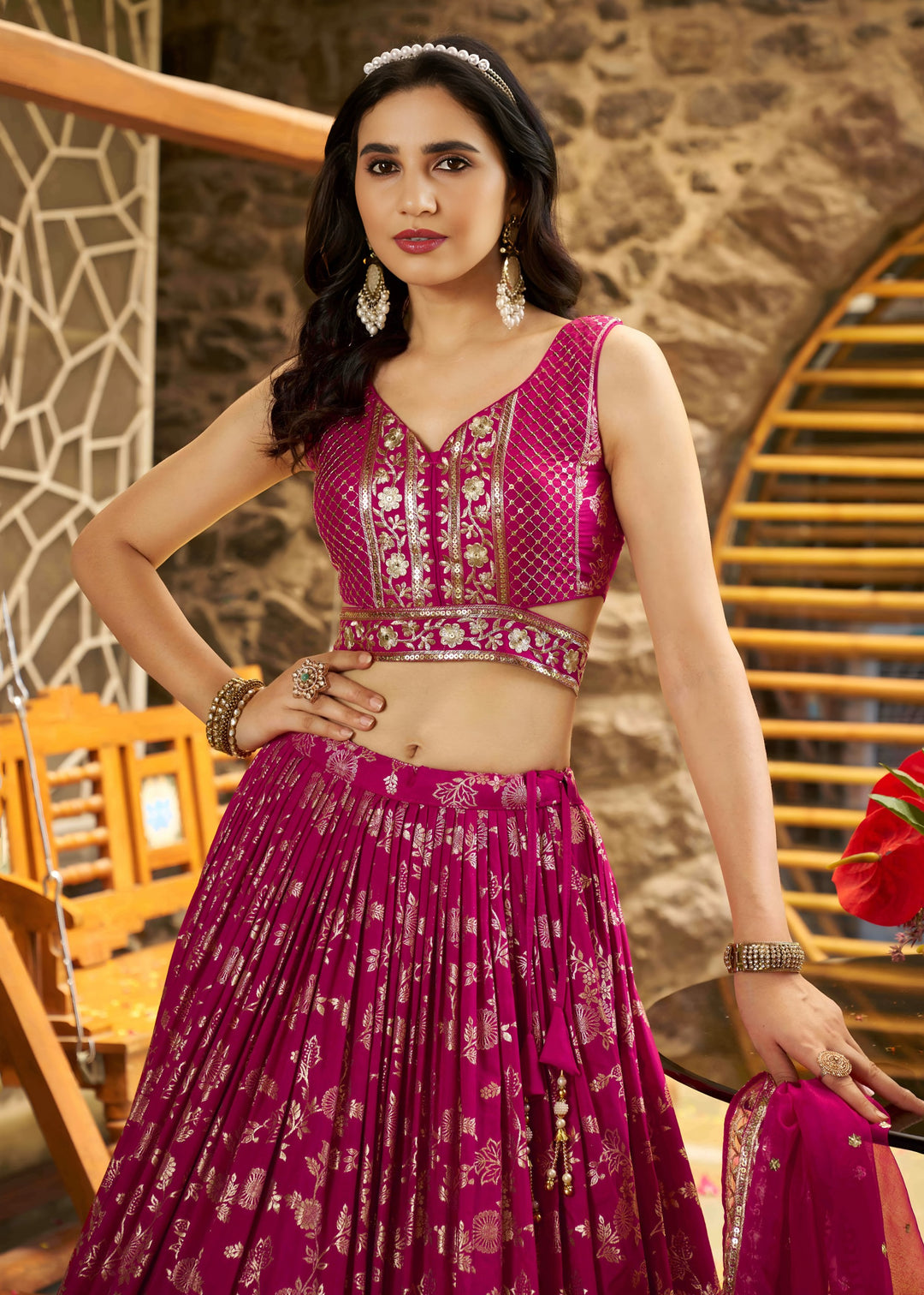 Rani Pink Sequins and Zari Embroidery Work Silk Lehenga