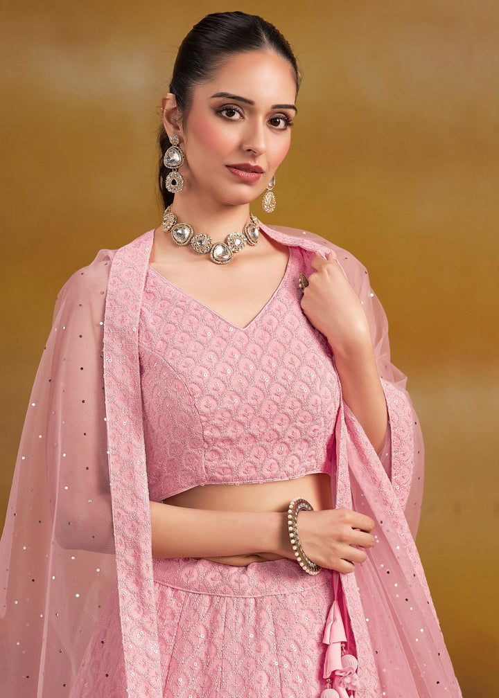 Light Pink Georgette Lehenga With Sequins and Thread Embroidered Work