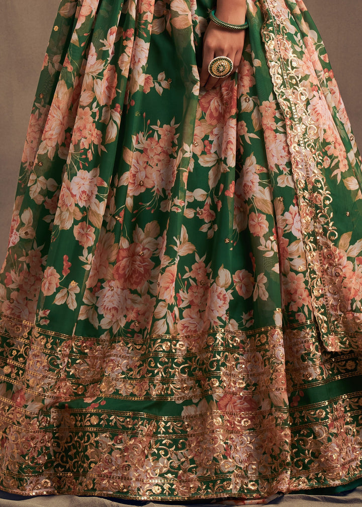 Green Organza Lehenga Sequins Zari Embroidery Work
