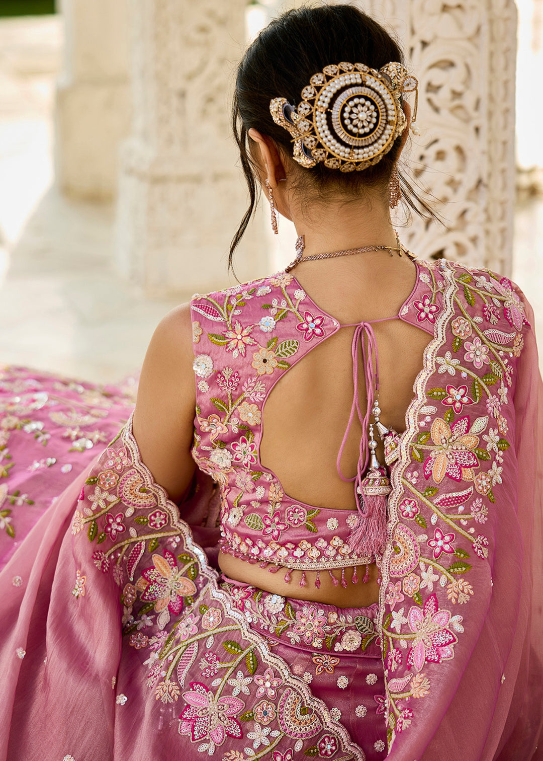 Pink Organza Lehenga Choli with Beads & Sequince Embroidered