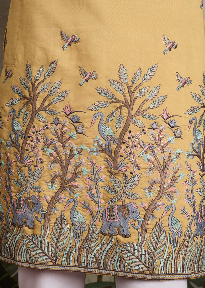 Mustard Yellow Mens Silk Kurta with Pant