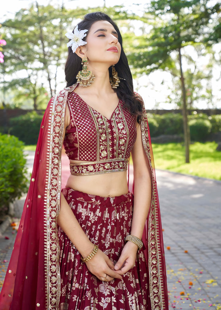 Maroon Sequins and Zari Embroidery Work Silk Lehenga