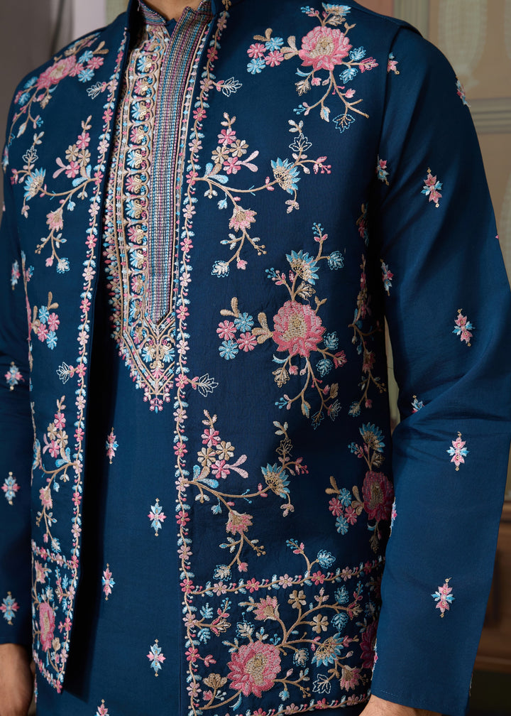 Teal Blue Mens Wear Koti Style with Silk Kurta and Pajama