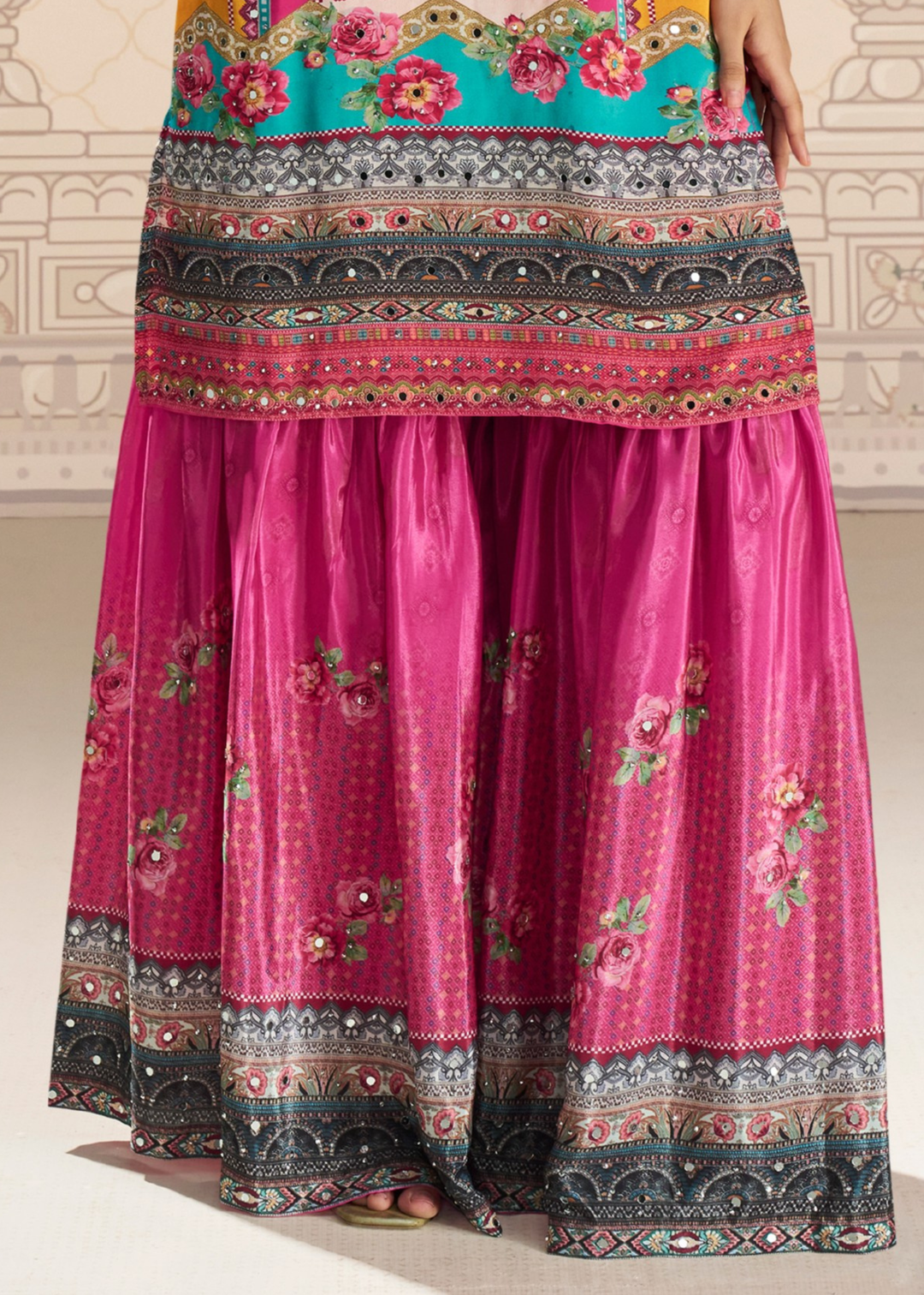 Bright Fuchsia Pink Crep Silk Sharara Suit