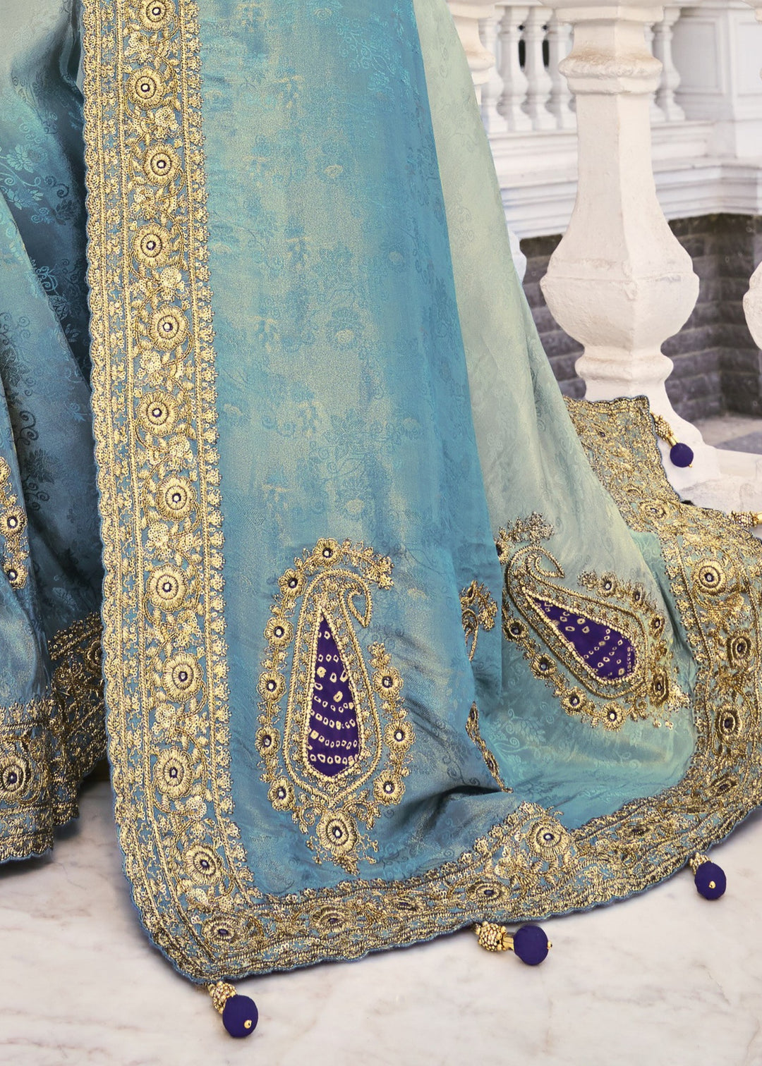 Grey - Blue Natural Crape Jaquard Saree with Jari Work