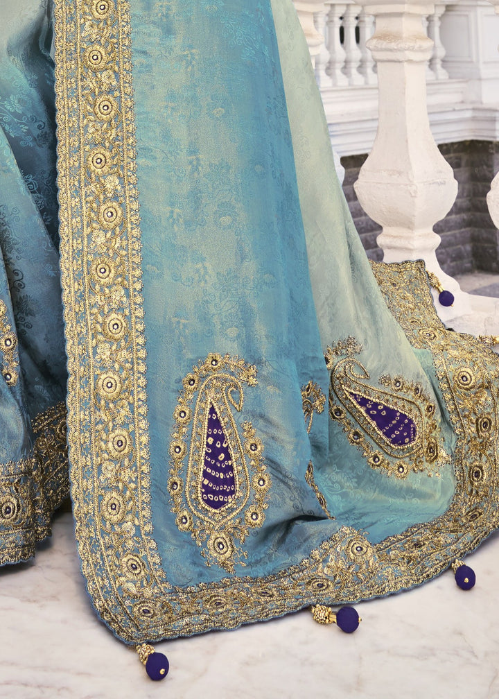 Grey - Blue Natural Crape Jaquard Saree with Jari Work