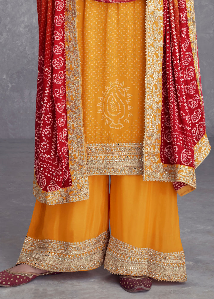 Mustard Yellow Chinon Salwar Suit with Red Dupatta