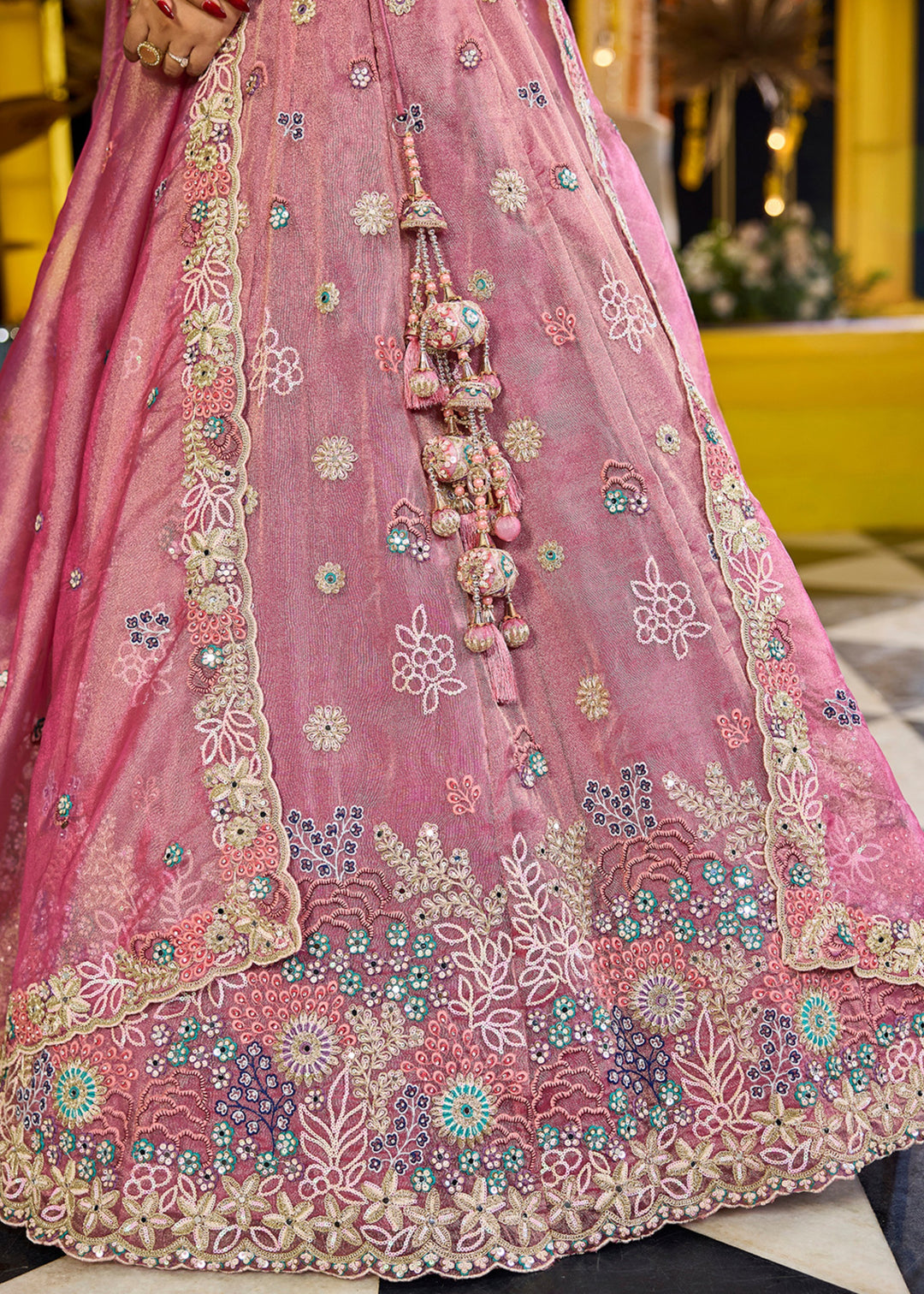 Pink Satin Silk Lehenga Choli with Sequinned Embroidered