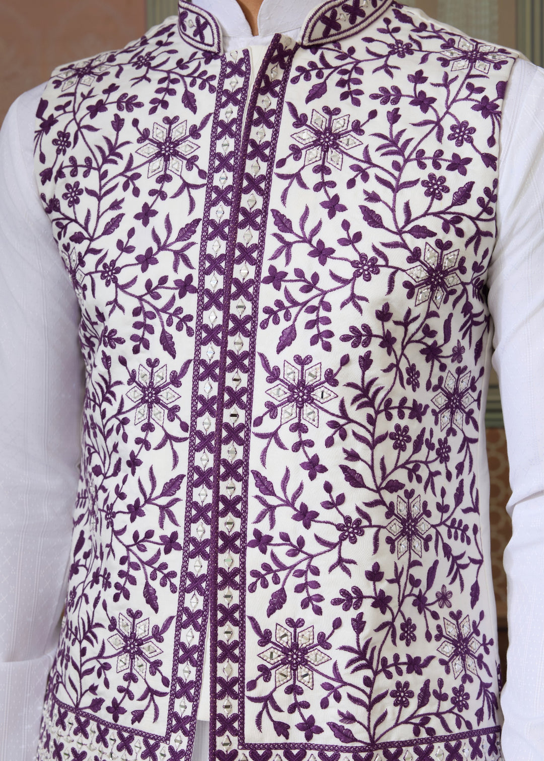 White Kurta And Pant With A Deep Plum And White Embroidered Nehru Jacket