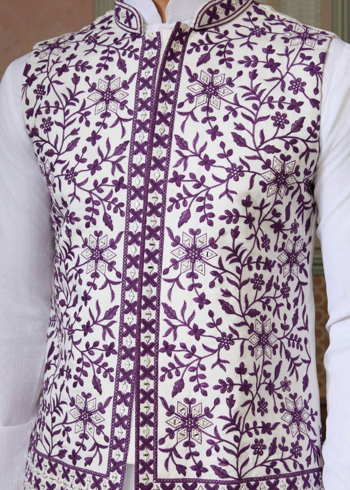White Kurta And Pant With A Deep Plum And White Embroidered Nehru Jacket