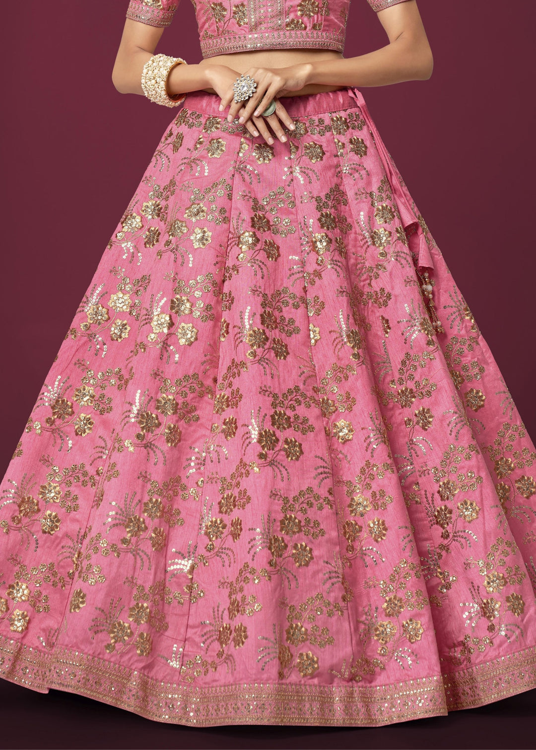 Pink Slub Silk Lehenga with Zari Sequins and Dori Embroidery Work
