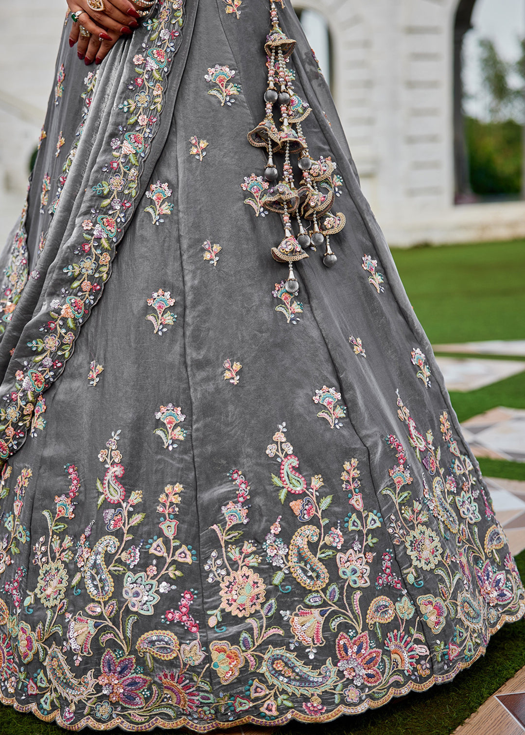 Grey Tissue Lehenga Choli with Sequinned Embroidered