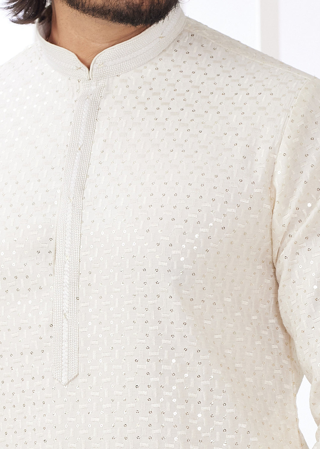 Pearl White Silk Kurta Set With Thread Embroidery Work