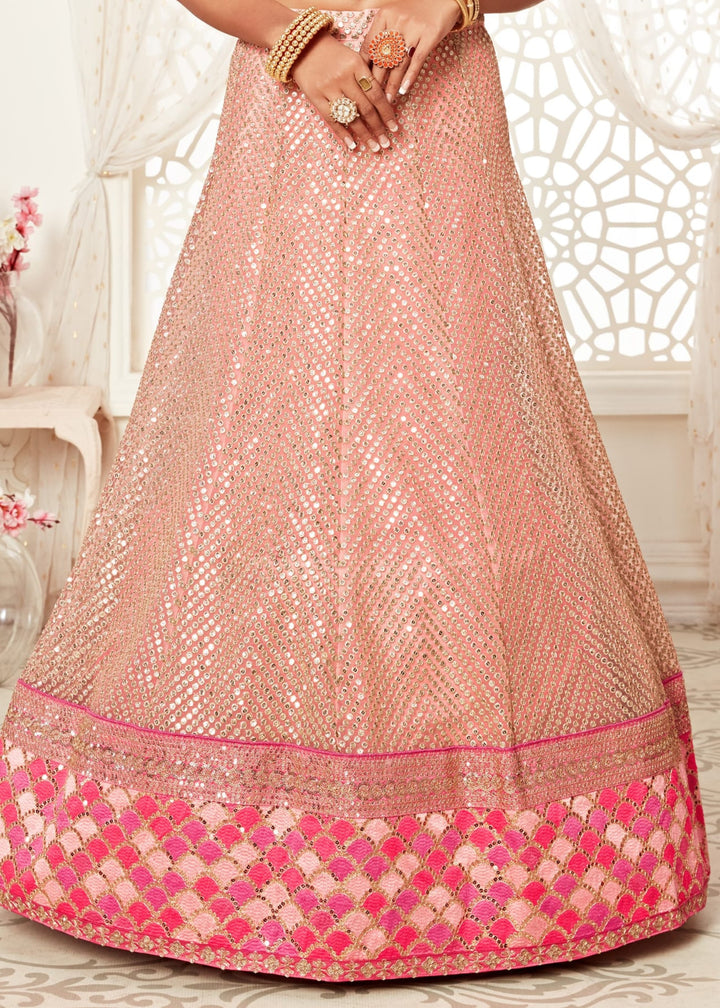Pink Soft Net Lehenga With Zari, Dori, Thread And Sequins Floral Embroidery