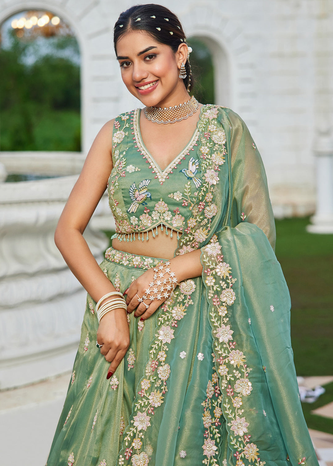 Green Tissue Lehenga Choli with Beads & Sequince Embroidered