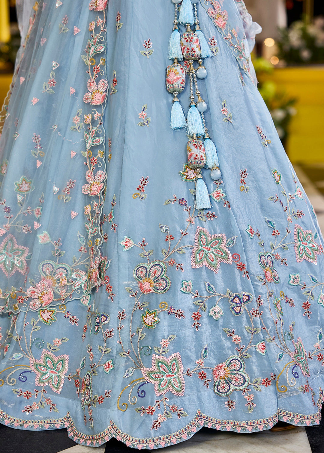 Sky Satin Silk Lehenga Choli with Sequinned Embroidered