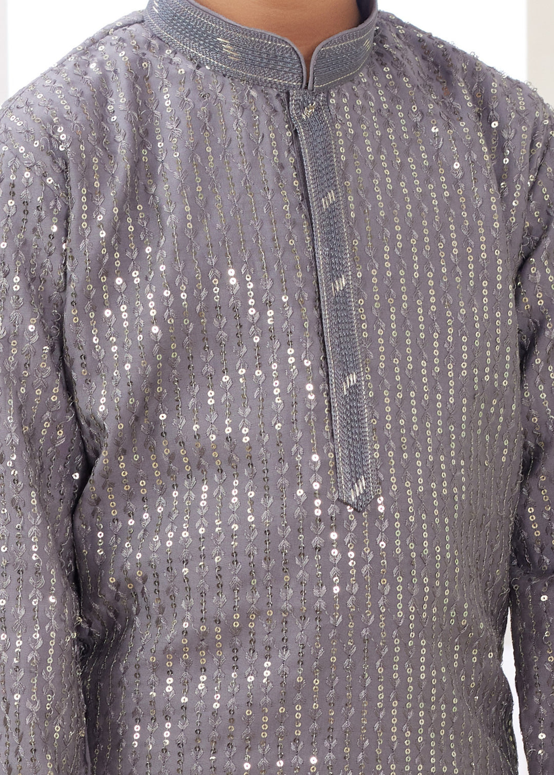 Flint Grey Silk Mens Kurta Set With Thread Embroidery Work