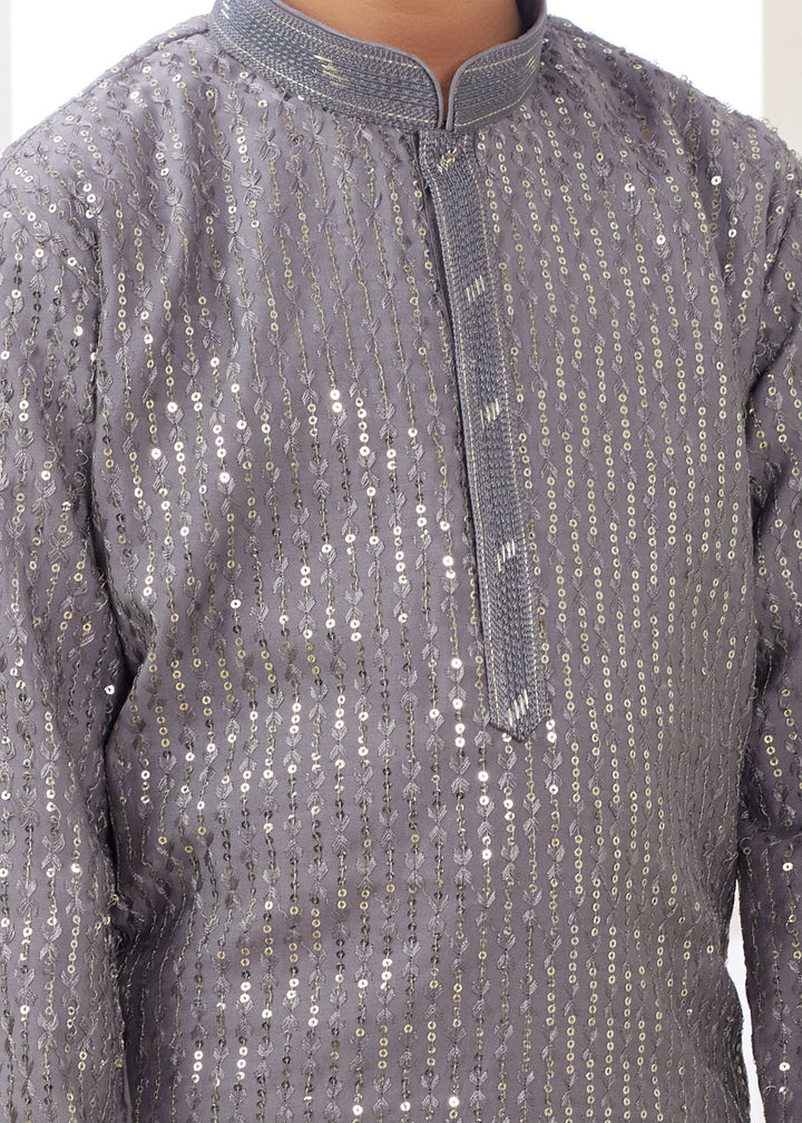 Flint Grey Silk Mens Kurta Set With Thread Embroidery Work