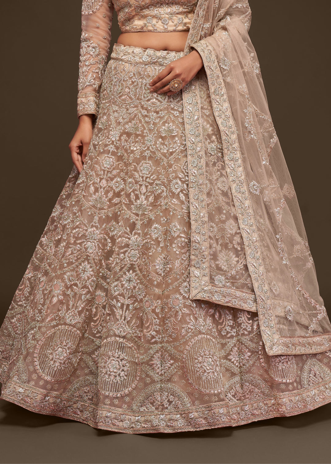 Royal Beige Soft Net Lehenga with Thread, Zari, Badla and Glitter Dori Embroidery Work
