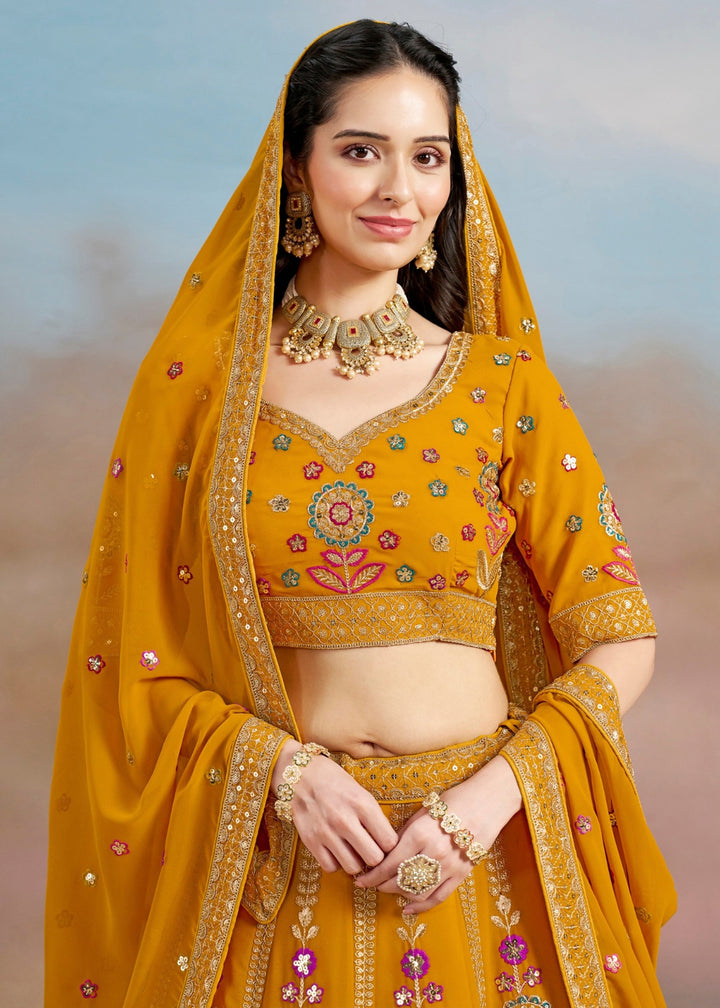 Yellow Sequins And Zari With Dori And Resham Embroidery Work Georgette Lehenga