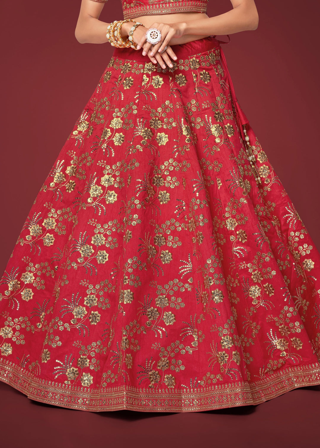Red Slub Silk Lehenga with Zari Sequins and Dori Embroidery Work