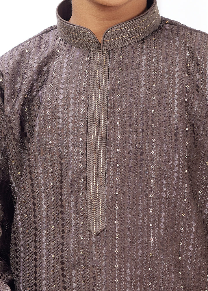 Mocha Brown Silk Mens Kurta Set With Thread Embroidery Work