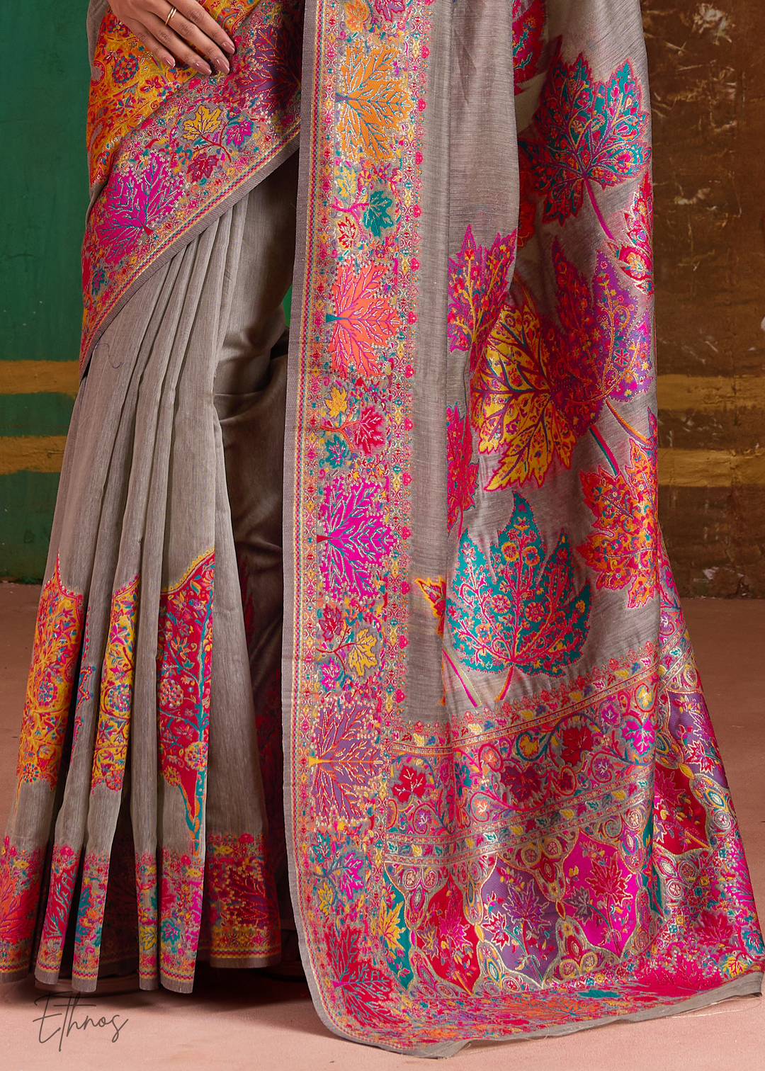 Mushroom Grey with Multicolour Floral Weave Saree