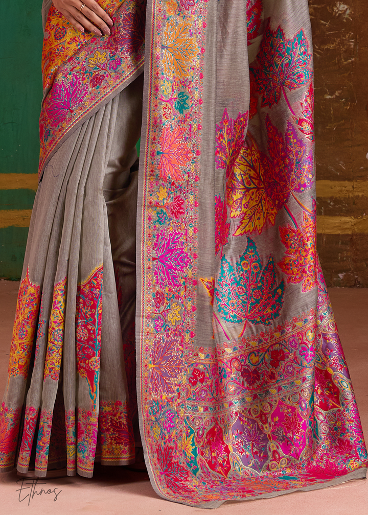 Mushroom Grey with Multicolour Floral Weave Saree