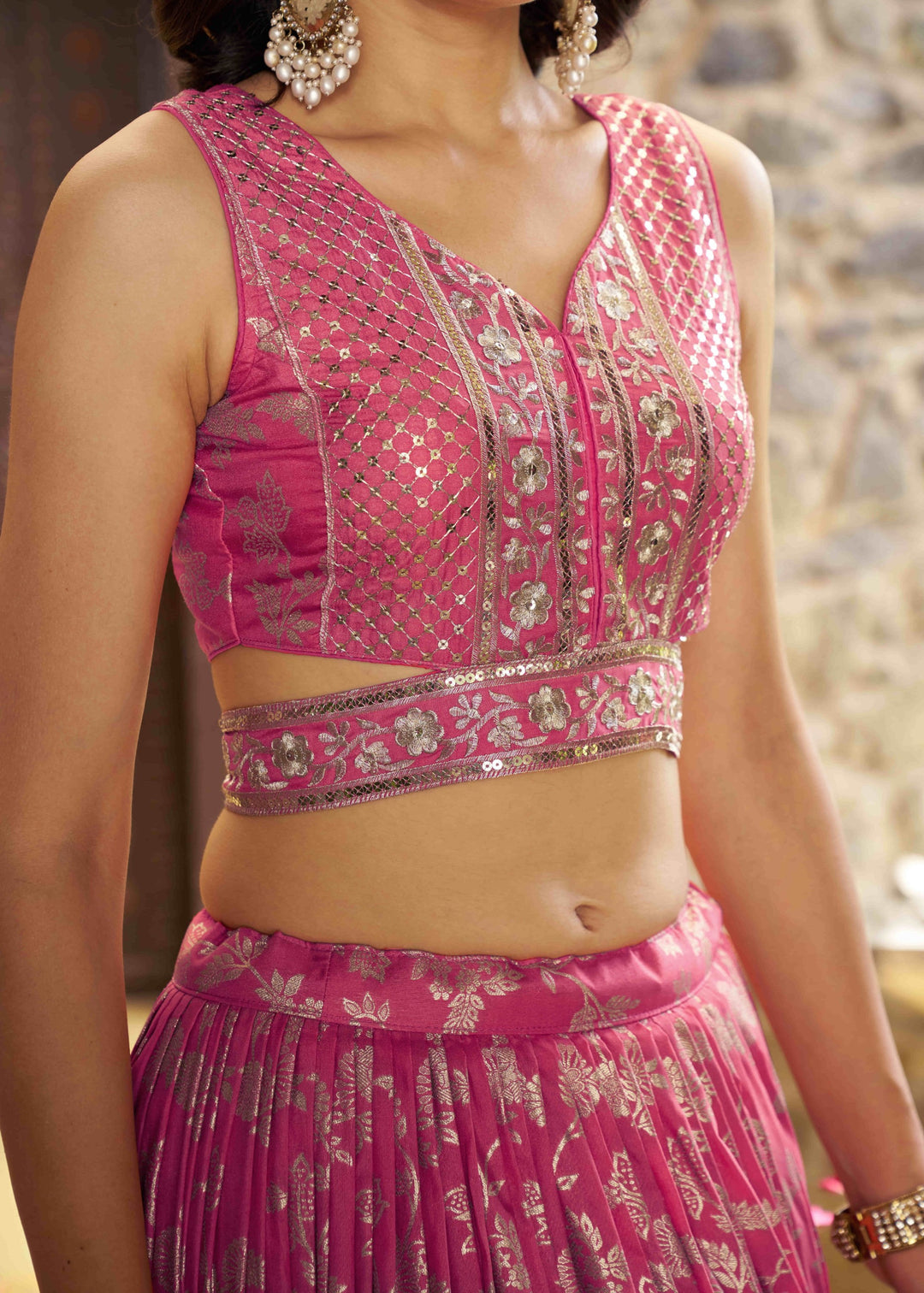 Peach Sequins and Zari Embroidery Work Silk Lehenga