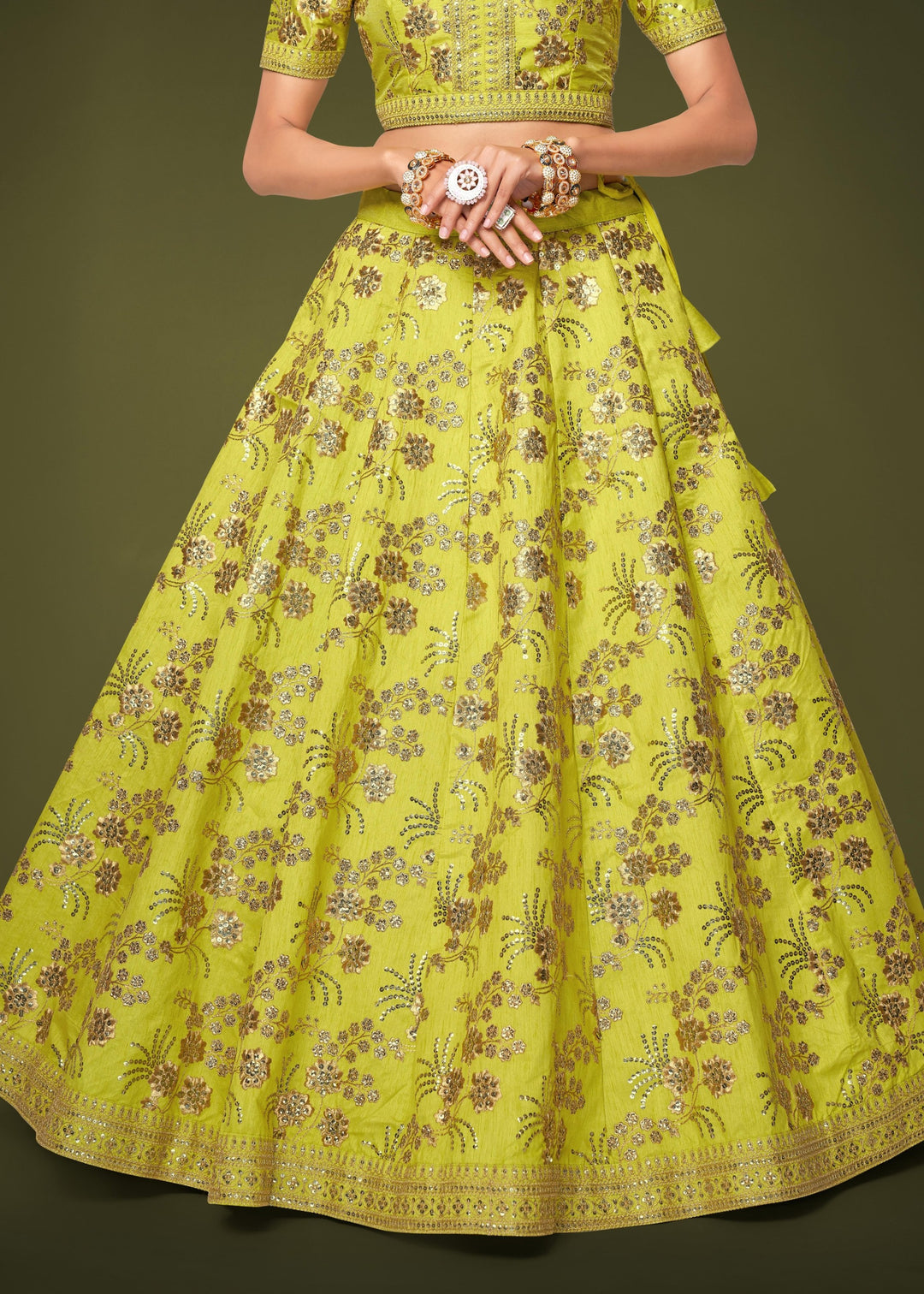 Neon Slub Silk Lehenga with Zari Sequins and Dori Embroidery Work
