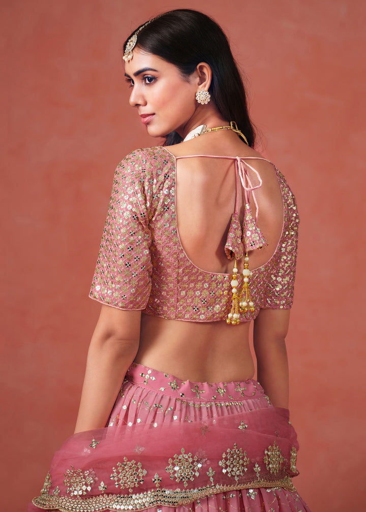 Peach Sequins Zari Embroidered Work Georgette Lehenga