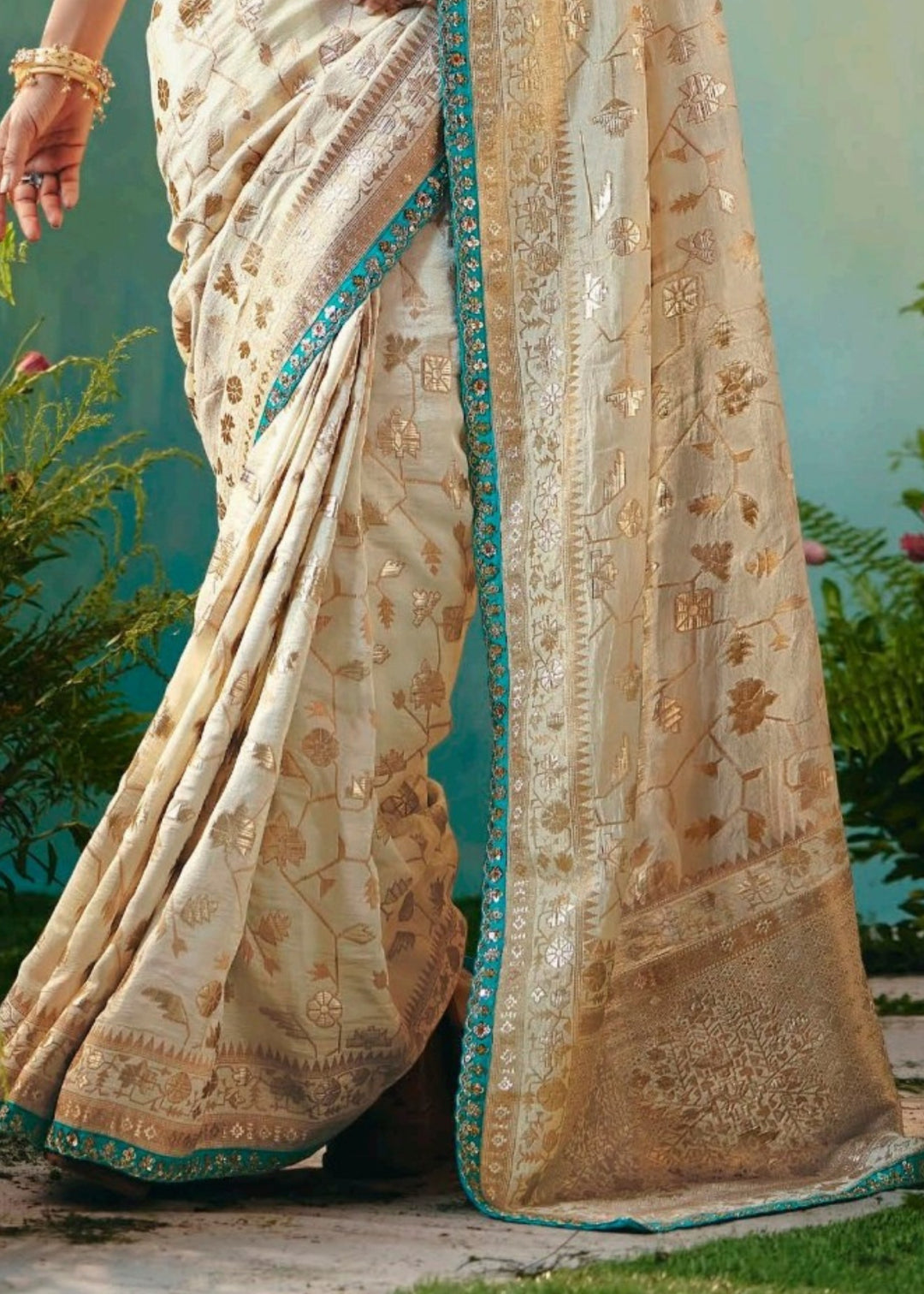 Off-White Pure Viscose Dola Silk Saree with Zari Weaving & Embroidered Blouse