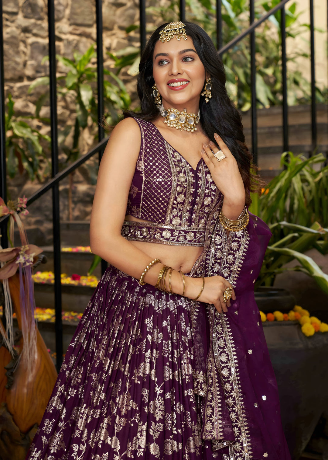 Wine Sequins and Zari Embroidery Work Silk Lehenga