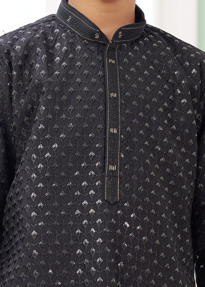 Black Silk Mens Kurta Set With Thread Embroidery Work