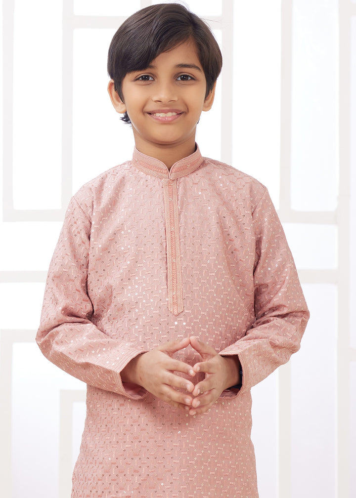 Peach Silk Mens Kurta Set With Thread Embroidery Work