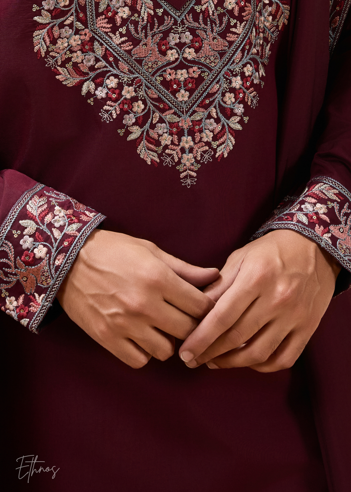 Maroon Mens Wear Silk Kurta With Pant And Dupatta